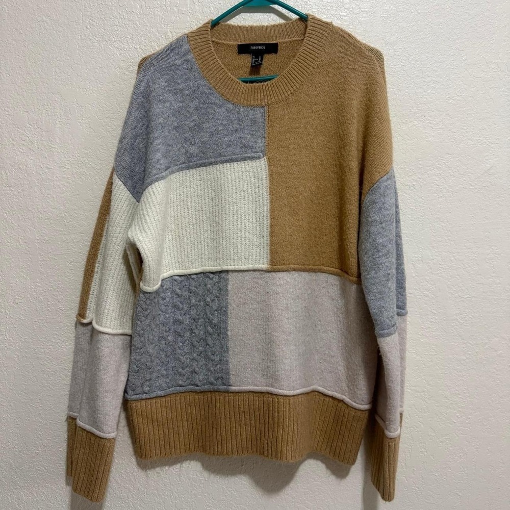 Forever 21 Patchwork Colorblock Knit Sweater Womens Medium Tan Grey Crew Neck